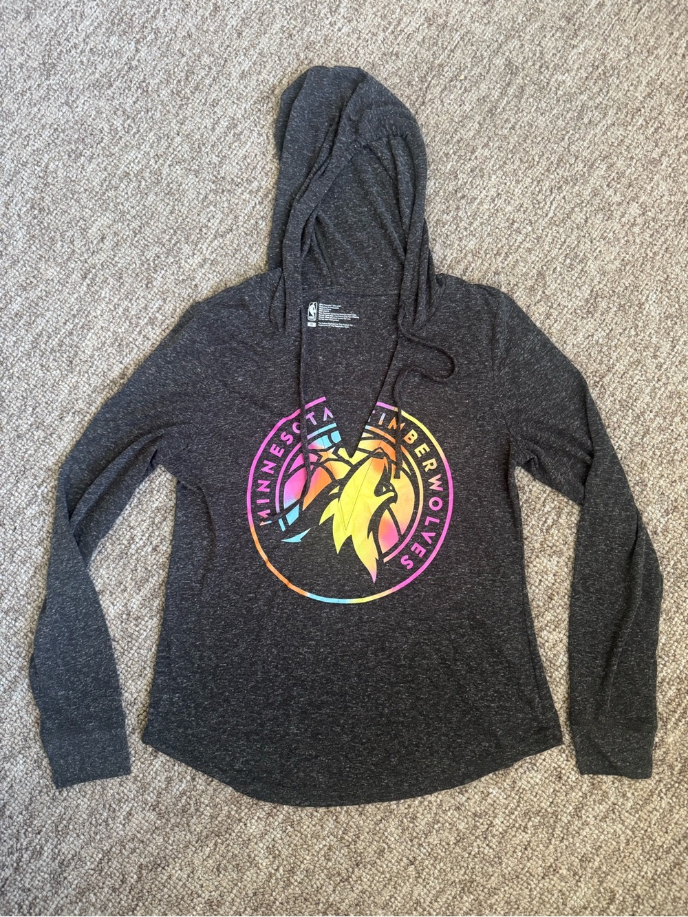NBA Women's Dark Gray Hooded Long-Sleeve Tee with Multicolor Timberwolves Logo M